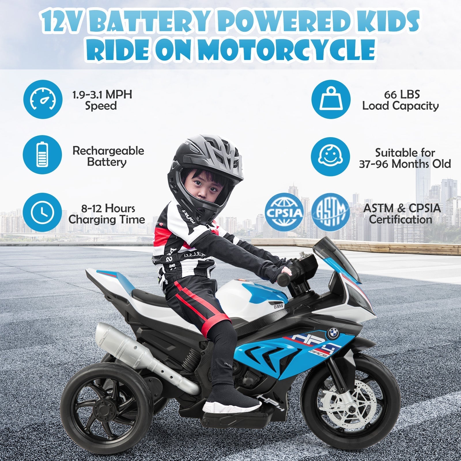 12V Licensed BMW Kids Motorcycle Ride-On Toy for 37-96 Months Old Kids