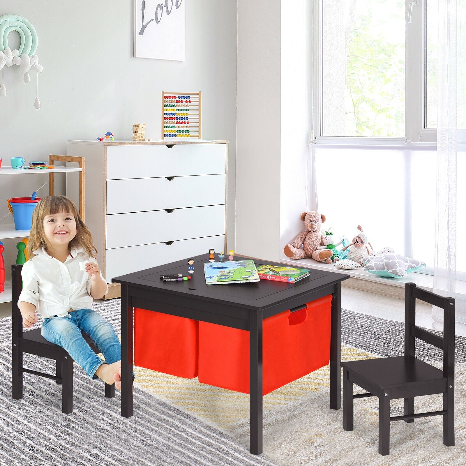 2-in-1 Kids Activity Table and 2 Chairs Set with Storage Building Block Table