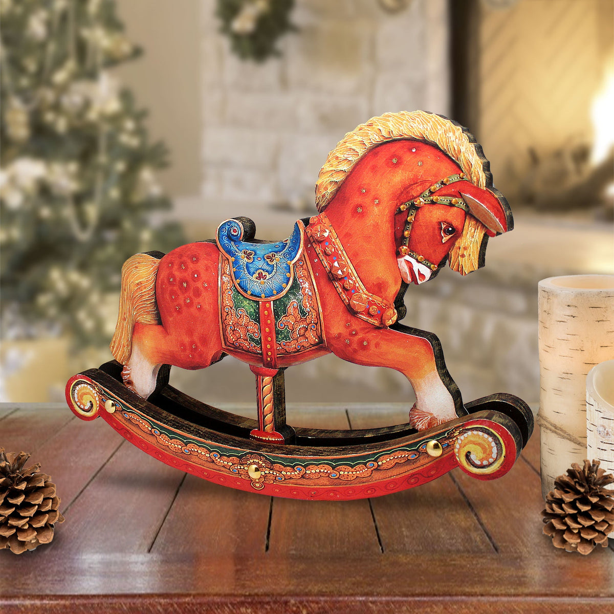 Rocking Horse Decorated Centerpiece Wooden Figurine by G. Debrekht - Christmas Santa and Snowman Decor - 89311