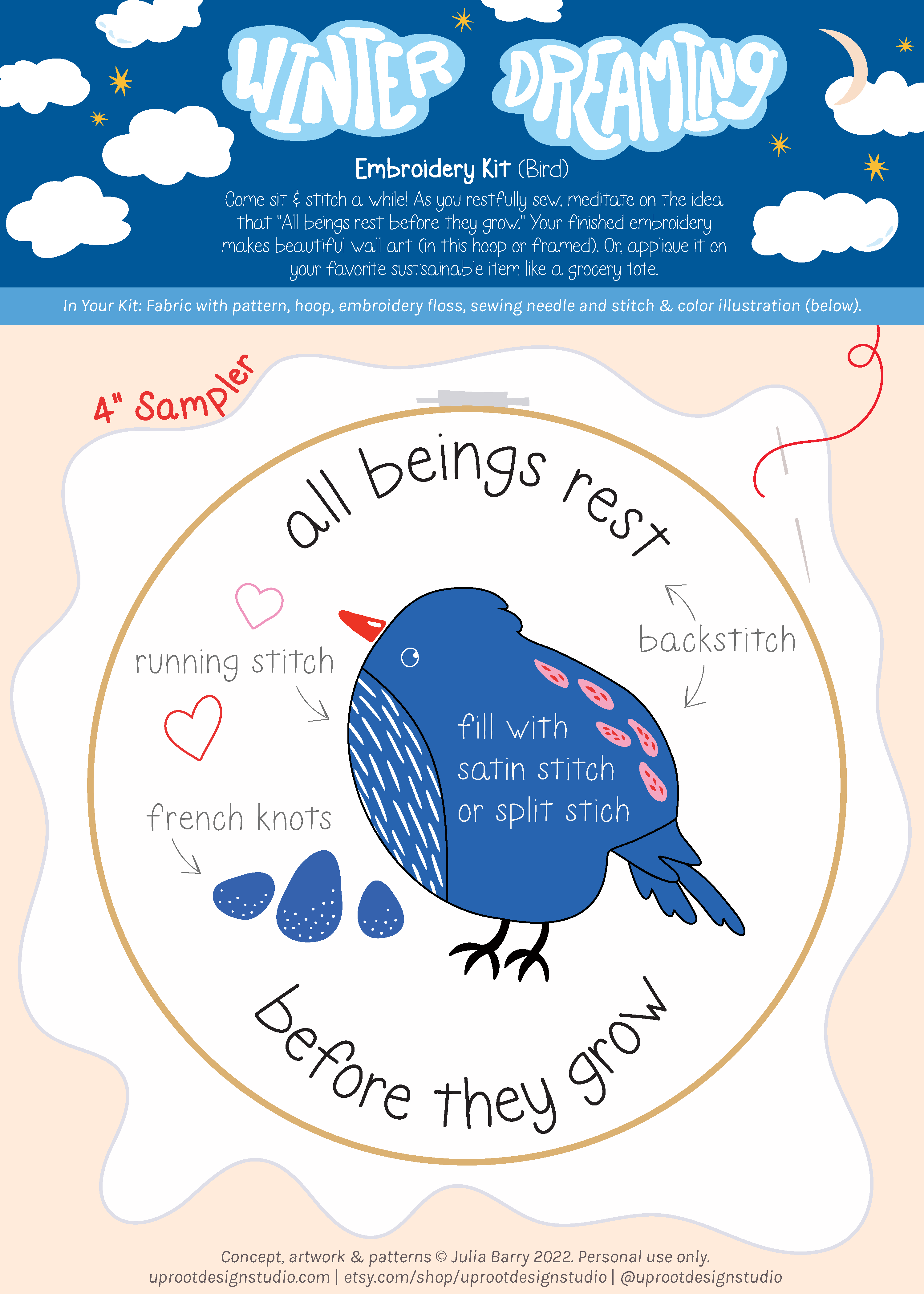 "All Beings Rest" Eco-Embroidery Kit w. Bird Pattern (Joyful Threads Winter Dreaming)