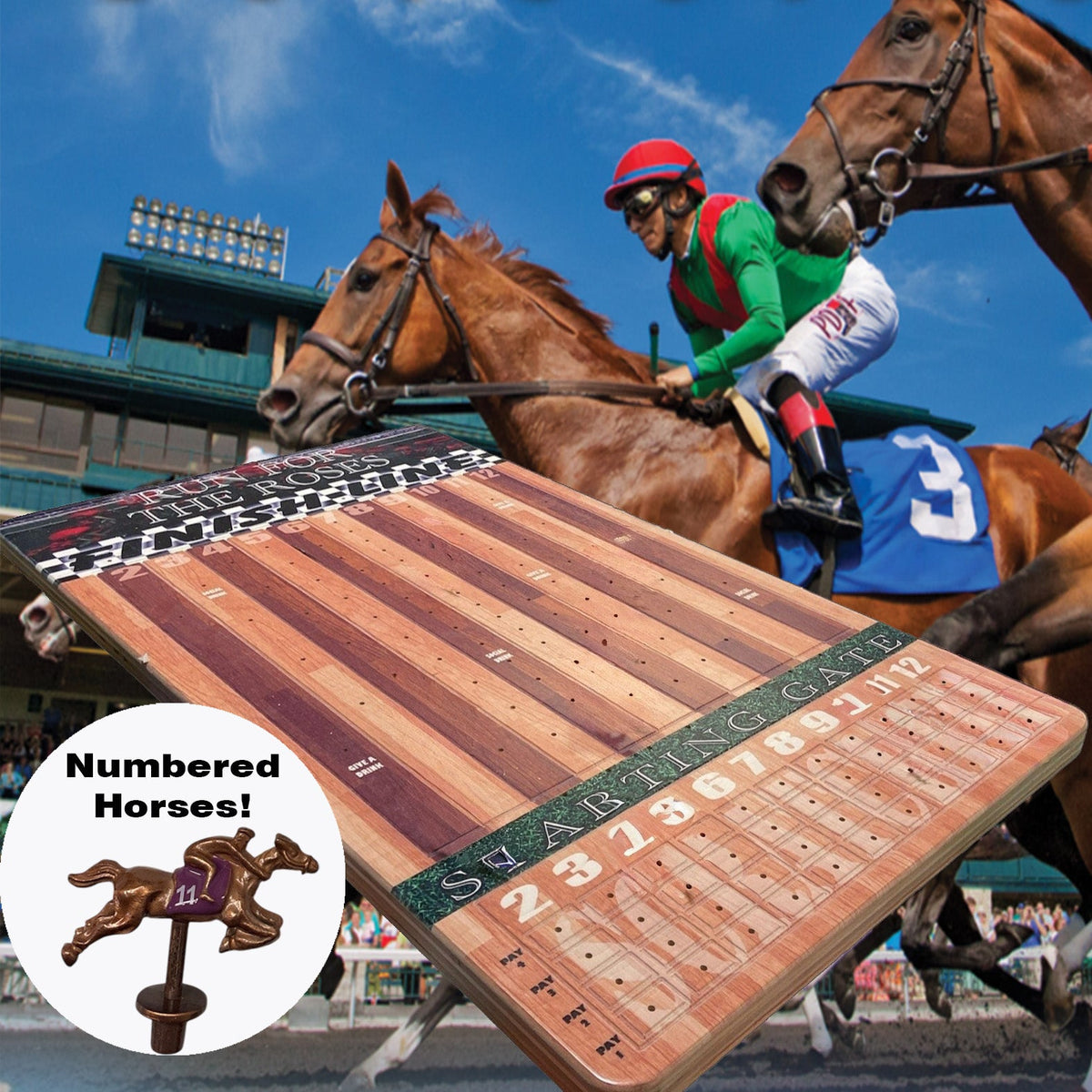 XL Horse Race Party Game – Brown Striped Track 18"x30" with Numbered Metal Horses