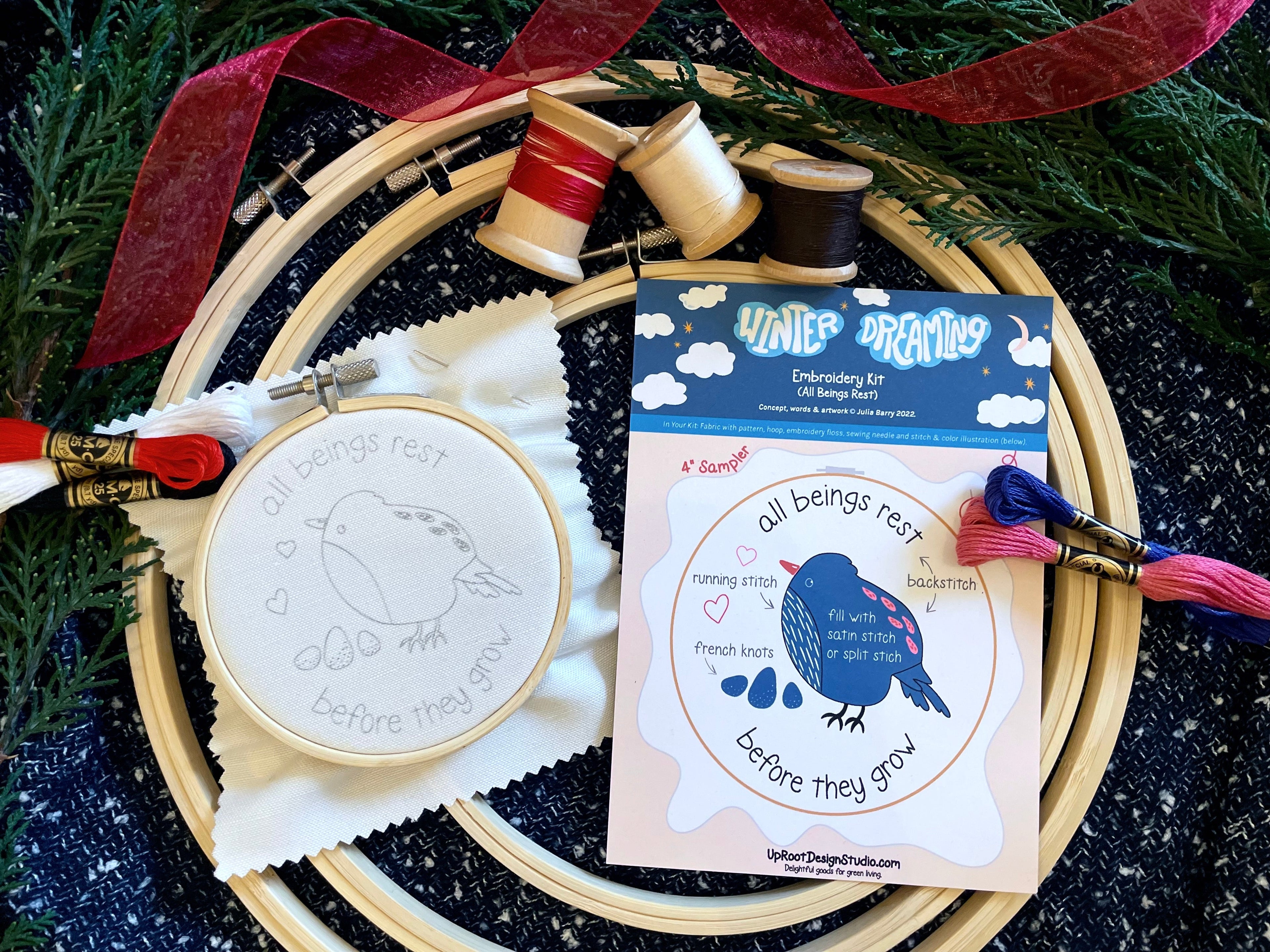 "All Beings Rest" Eco-Embroidery Kit w. Bird Pattern (Joyful Threads Winter Dreaming)