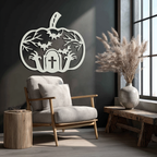 Halloween Cemetery Pumpkin Metal Wall Art – Spooky Black Steel Halloween Decor- KAF504