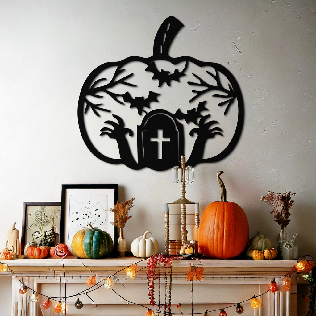 Halloween Cemetery Pumpkin Metal Wall Art – Spooky Black Steel Halloween Decor- KAF504