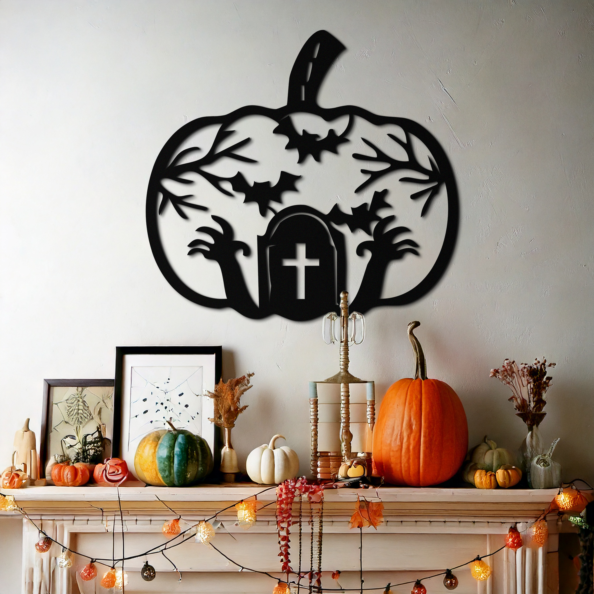 Halloween Cemetery Pumpkin Metal Wall Art – Spooky Black Steel Halloween Decor- KAF504