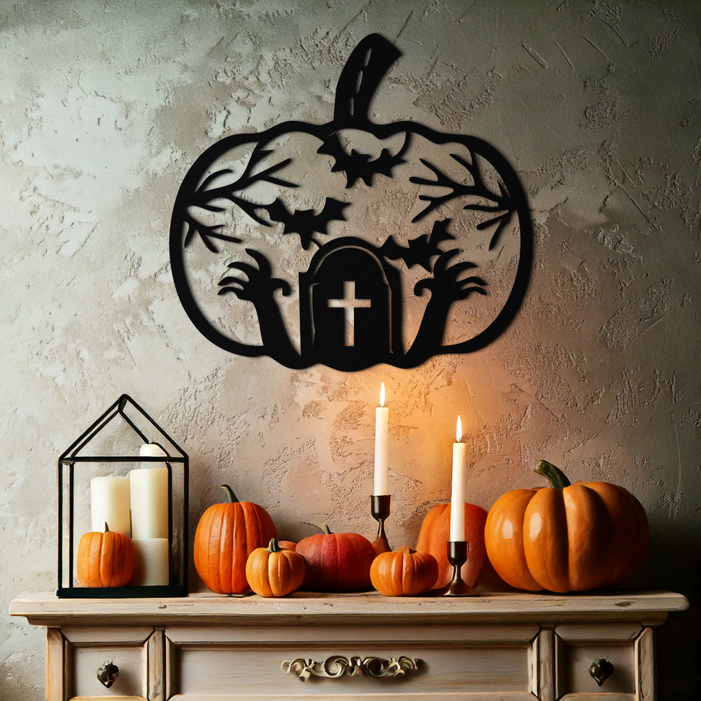 Halloween Cemetery Pumpkin Metal Wall Art – Spooky Black Steel Halloween Decor- KAF504
