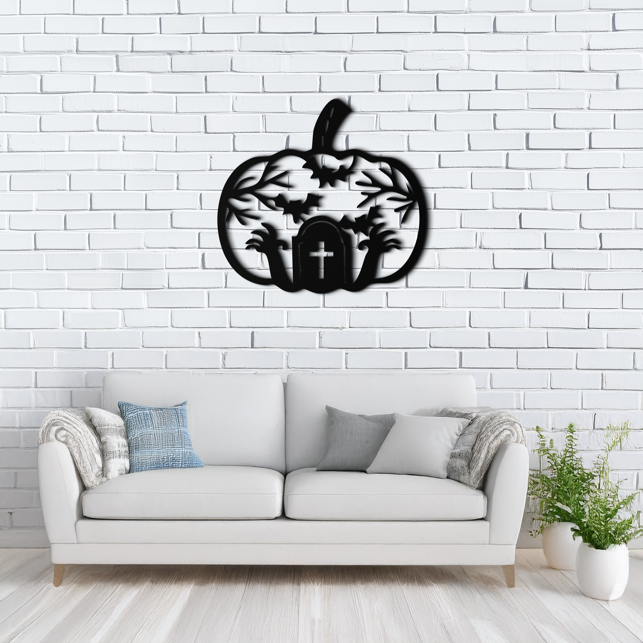 Halloween Cemetery Pumpkin Metal Wall Art – Spooky Black Steel Halloween Decor- KAF504