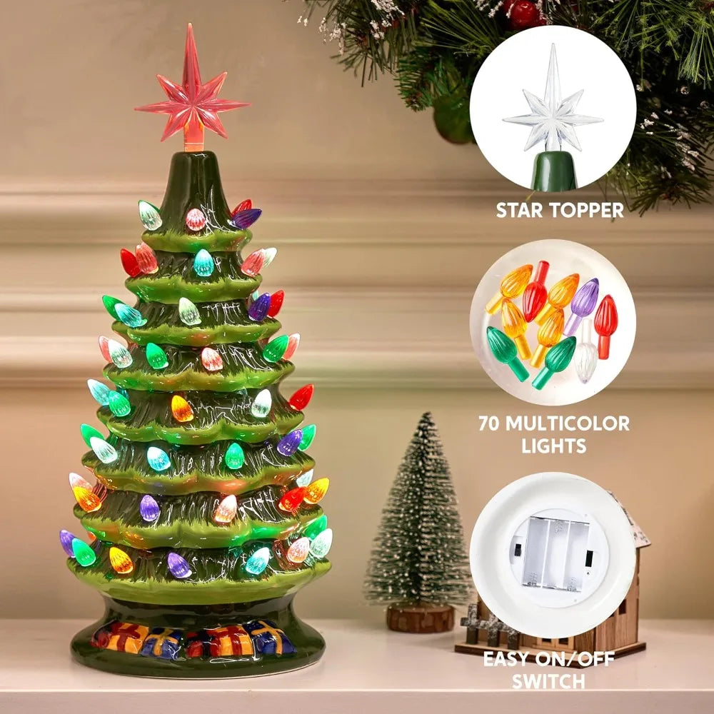 15 Inch Tabletop Prelit Ceramic Christmas Tree with 70 Multicolor Lights Hand-Painted Ceramic Tabletop Christmas Tree with Extra Clear Top Star for Xmas Holiday Indoor Decorations