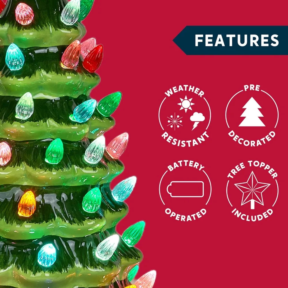 15 Inch Tabletop Prelit Ceramic Christmas Tree with 70 Multicolor Lights Hand-Painted Ceramic Tabletop Christmas Tree with Extra Clear Top Star for Xmas Holiday Indoor Decorations