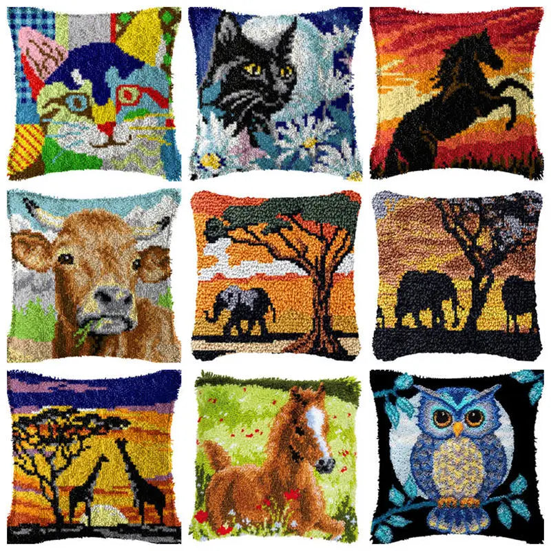 Cow Horse Elephant Animal Carpet Embroidery Set Cartoon Cat Smyrna Latch Hook Kit DIY Knot Pillow Package Pillow Buttons Package
