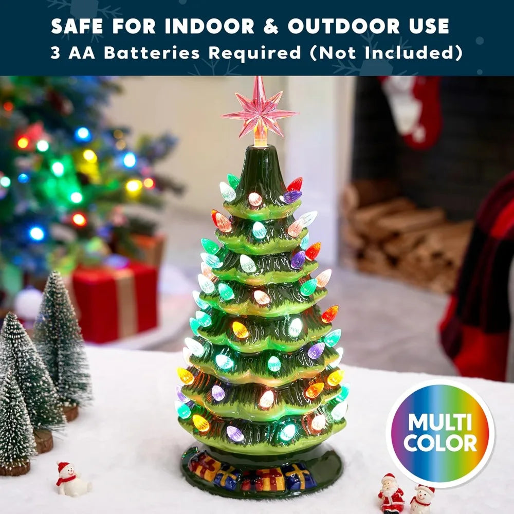 15 Inch Tabletop Prelit Ceramic Christmas Tree with 70 Multicolor Lights Hand-Painted Ceramic Tabletop Christmas Tree with Extra Clear Top Star for Xmas Holiday Indoor Decorations