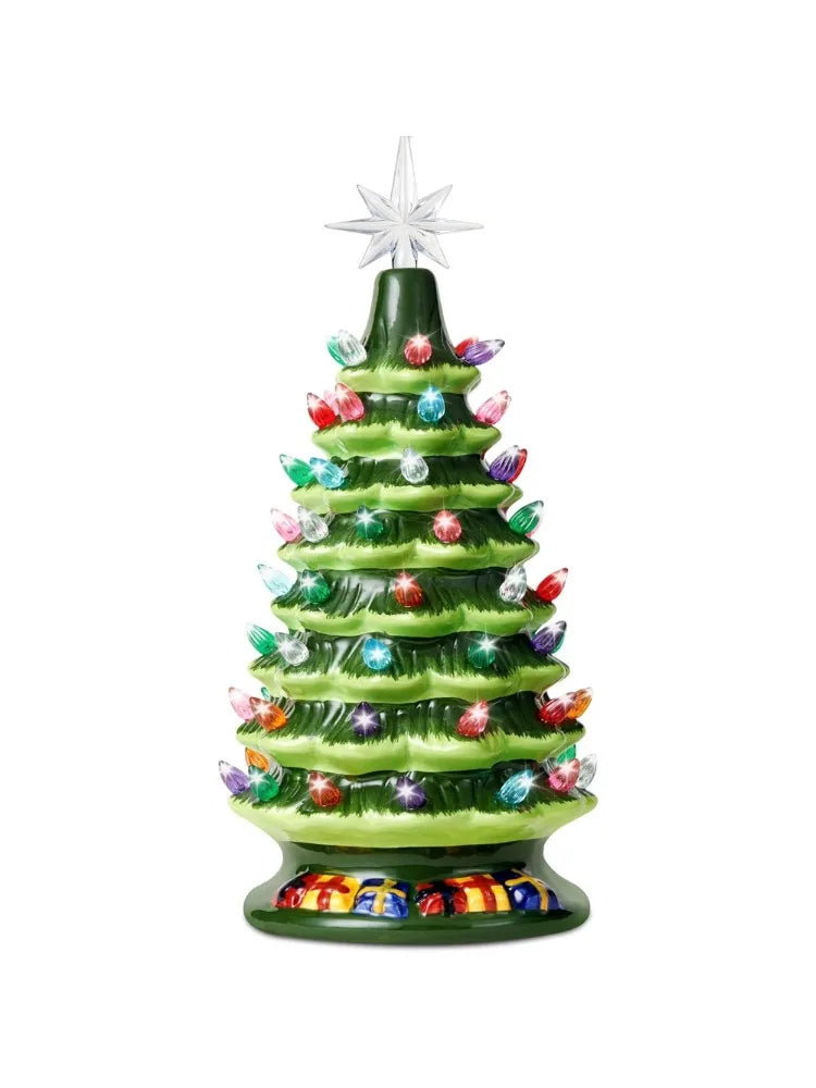 15 Inch Tabletop Prelit Ceramic Christmas Tree with 70 Multicolor Lights Hand-Painted Ceramic Tabletop Christmas Tree with Extra Clear Top Star for Xmas Holiday Indoor Decorations