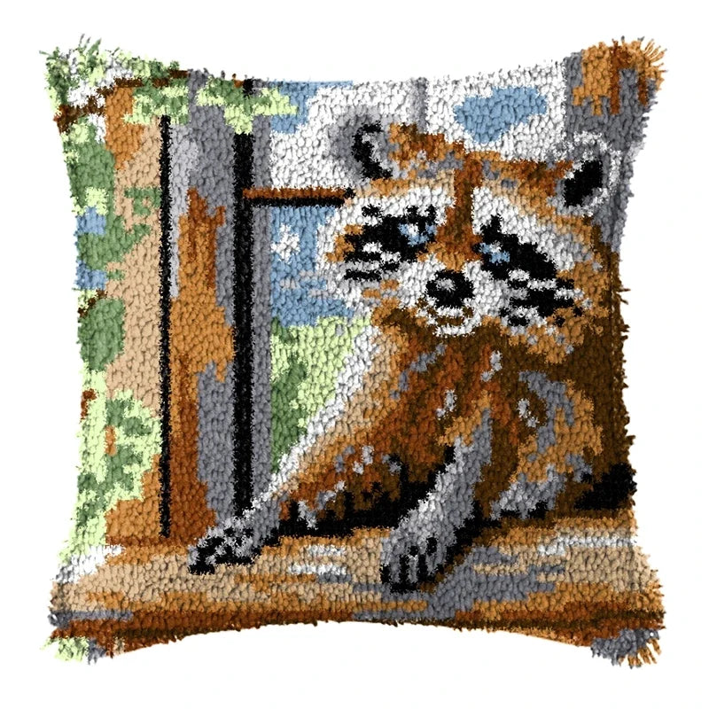 Knot Pillow Package Cartoon Animals Latch Hook Kit Cushion Pillowcase Kussen Set For Needlework Dog Raccoon Latch Hook Kits DIY