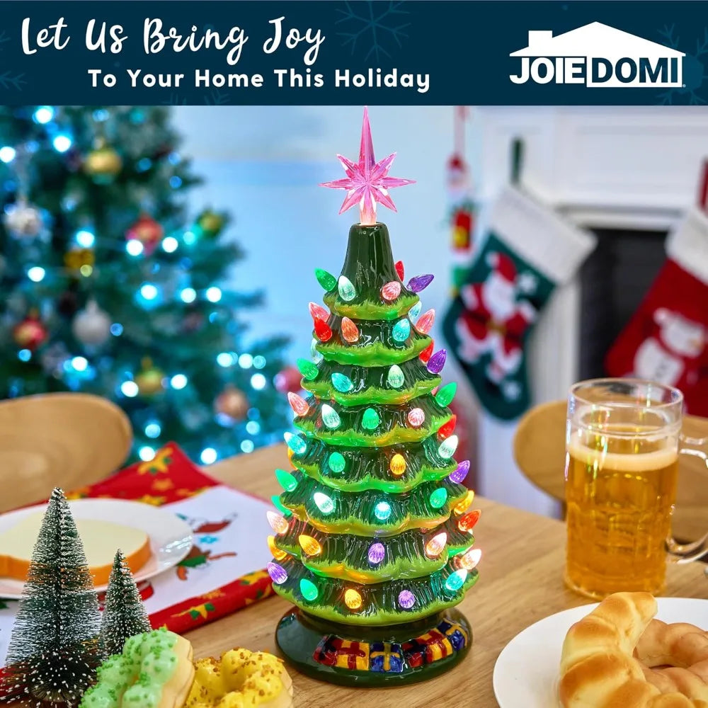 15 Inch Tabletop Prelit Ceramic Christmas Tree with 70 Multicolor Lights Hand-Painted Ceramic Tabletop Christmas Tree with Extra Clear Top Star for Xmas Holiday Indoor Decorations